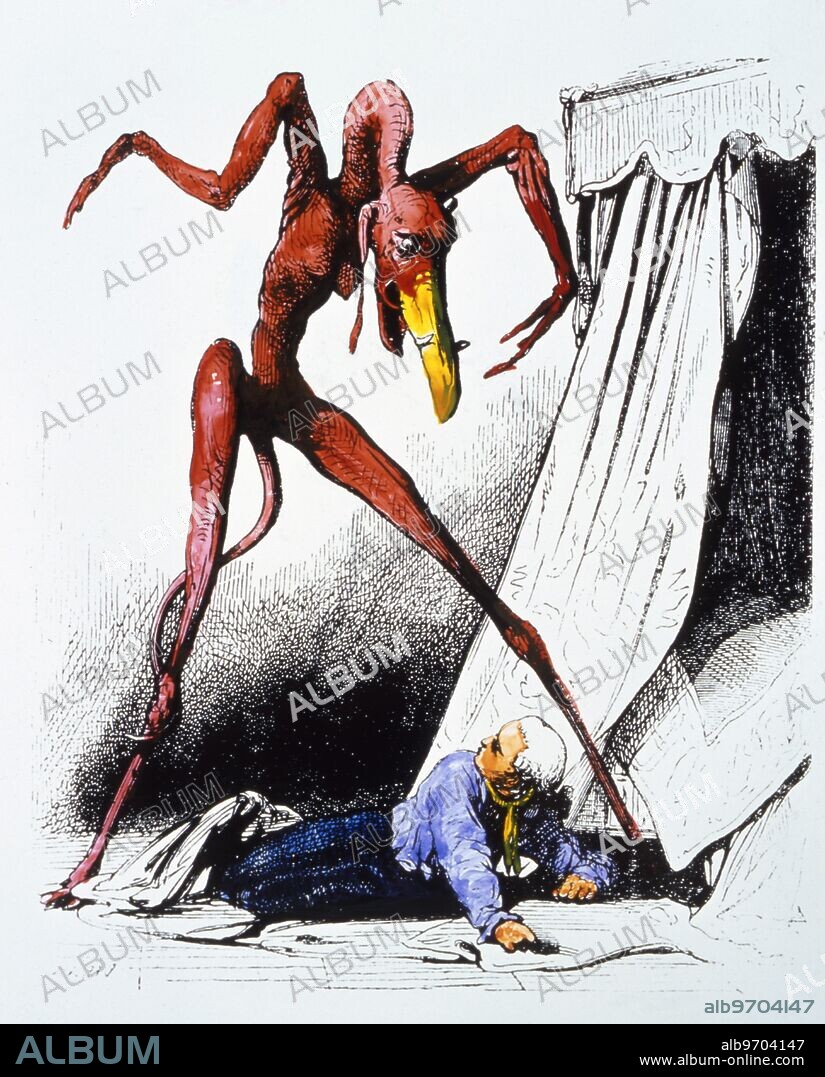 Demon used as a woodengraving illustration by Collin de Plancy in his 'Dictionnaire Infernal' of 1863, but derived from a painting by Salvator Rosa, 'The Nightmare.'.