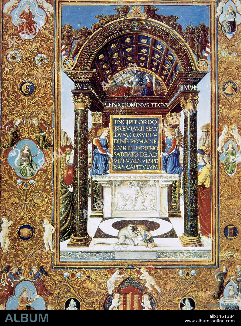 MATIAS I CORVINO (Kolozsvár, 1440-Viena, 1490). Rey de Hungría (1458-1490) y titular de Bohemia (1469-1478). Destacó como estadista, general y legislador e impulsó el renacimiento humanista del país. Fundó la Biblioteca Corvina y la Universidad de Bratislava. BREVIARIO DE MATIAS CORVINO. Miniatura del folio 7v. (1487-1492). Biblioteca Apostólica Vaticana.