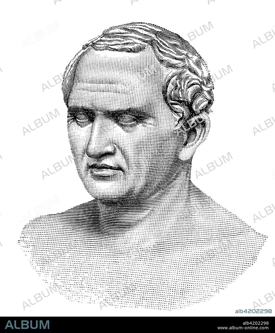 Marcus Tullius Cicero, January 3, 106 BC - December 7, 43 BC, was a Roman politician, lawyer, writer and philosopher, the most famous orator of Rome and consul in 63 BC, antique marble bust in the Vatican Museum in Rome, Italy, digital improved reproduction of an original print from the 19th century.