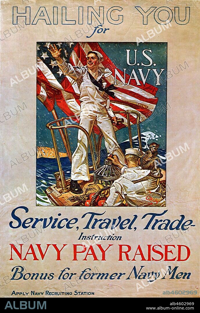 Sailor on boat with monkey and fruit for US Navy Poster.