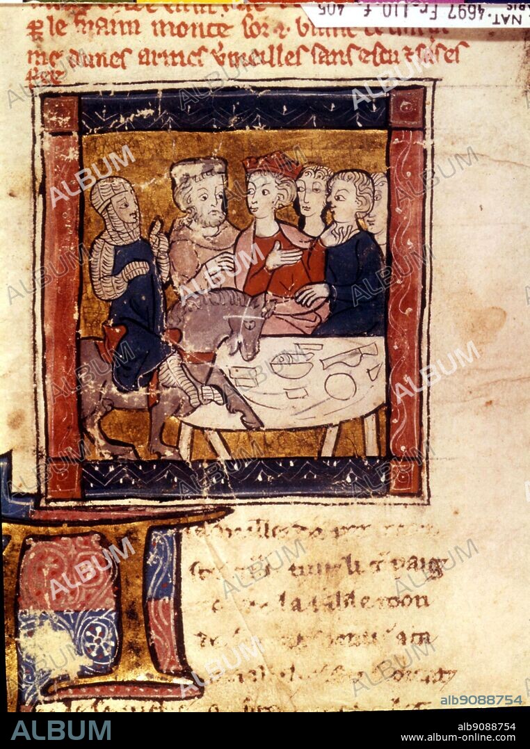 Galahad comes to King Arthur 1250-80. Sir Galahad was one of the knights of King Arthur's Round Table in Arthurian legend. He was the illegitimate son of Sir Lancelot and Elaine of Corbenic, and he was renowned for his gallantry and purity.