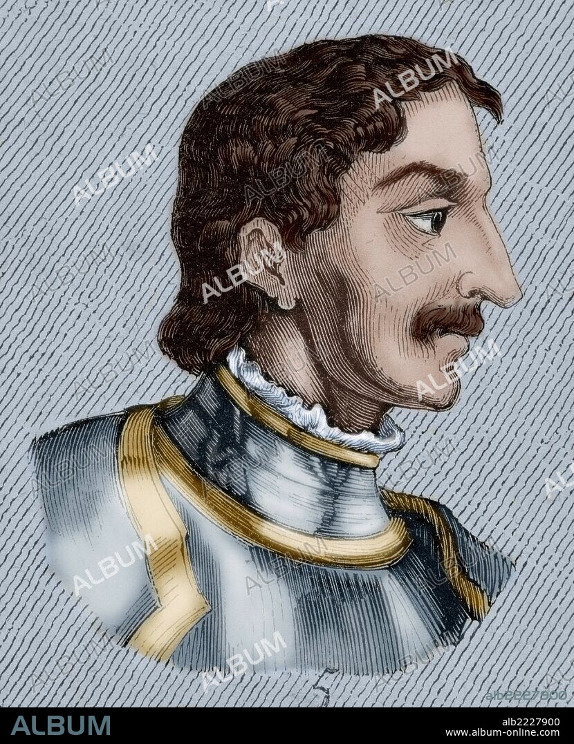 BERMUDO I "el Diácono" (m.797). Rey de Asturias (788-799). Hijo de Fruela y sucesor de Mauregato. Abdicó en el año 791 en su sobrino Alfonso II. Grabado coloreado.