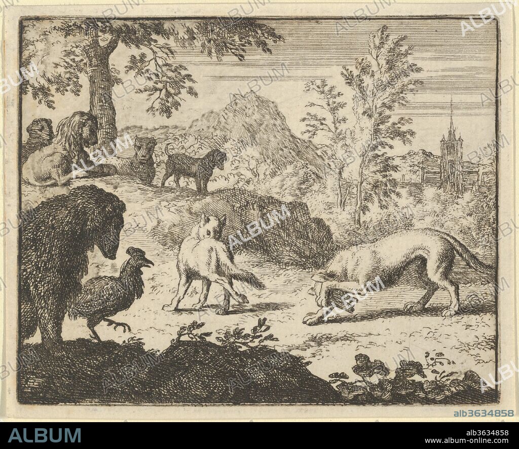 The Lion Allows a Fight Between the Wolf and Renard from Hendrick van Alcmar's Renard The Fox. Artist: Allart van Everdingen (Dutch, Alkmaar 1621-1675 Amsterdam). Dimensions: Plate: 3 11/16 × 4 9/16 in. (9.3 × 11.6 cm)
Sheet: 3 7/8 × 4 13/16 in. (9.9 × 12.2 cm). Date: 1650-75.