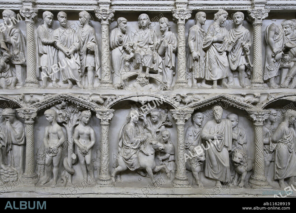 Sarcophagus of Junius Bassus. Marble Early Christian sarcophagus. 4th C. Scenes with de Old and New Testament. Copy. Plaster cast. Vaticans Museum. City of the Vatican.