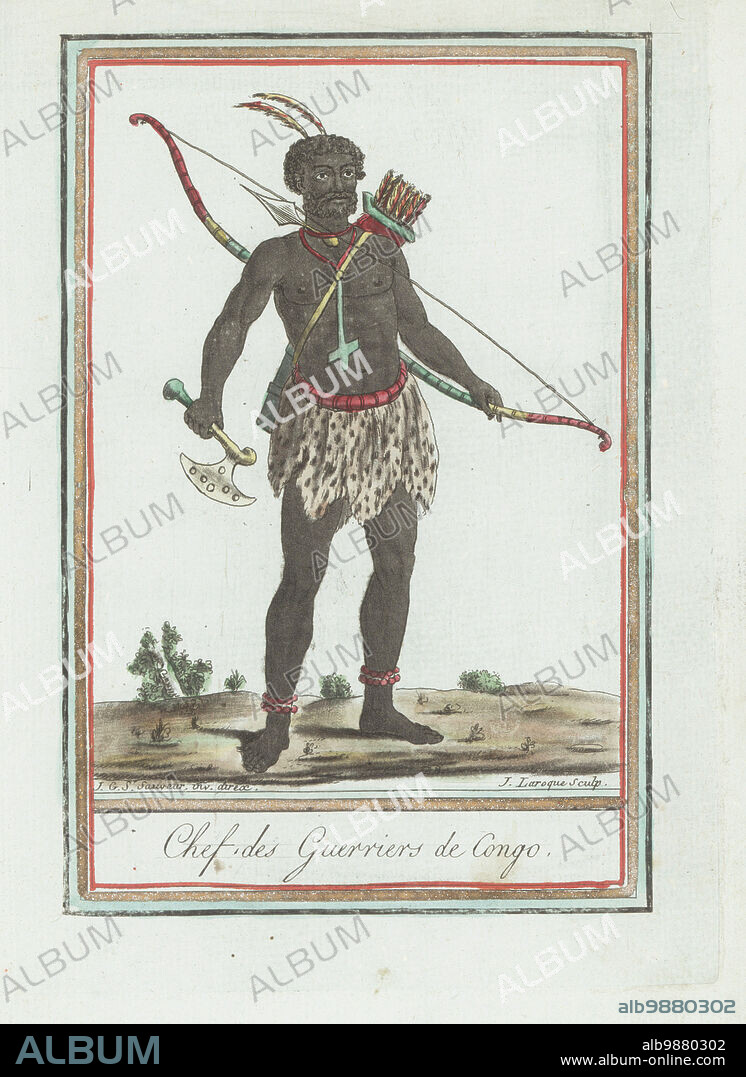 Warrior chief of the Kingdom of Congo, Africa. With feathers in his hair, animal-skin skirt, armed with ax, bow, quiver of arrows, dagger in collar. The kingdom of Kongo covered parts of modern Angola, Gabon and Congo. Chef des Guerriers de Congo. Handcoloured copperplate engraving by J. Laroque after a design by Jacques Grasset de Saint-Sauveur from his Encyclopedie des voyages, Encyclopedia of Voyages, Bordeaux, France, 1792.