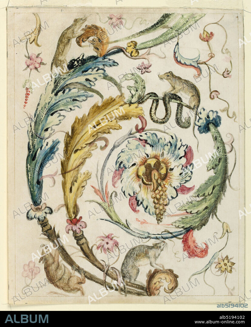 Foliate Arabesque with Rodents, Henri Salembier, French, 1753 - 1820, Brush, water color, gouache on vellum, Single scroll of a foliate arabesque, with four rodents shown climbing over the vines, and a snake curled about a tendril, beneath one rat. Copied motif from Raphael's Vatican loggia., Italy, 16501700, ornament, Drawing, Drawing.