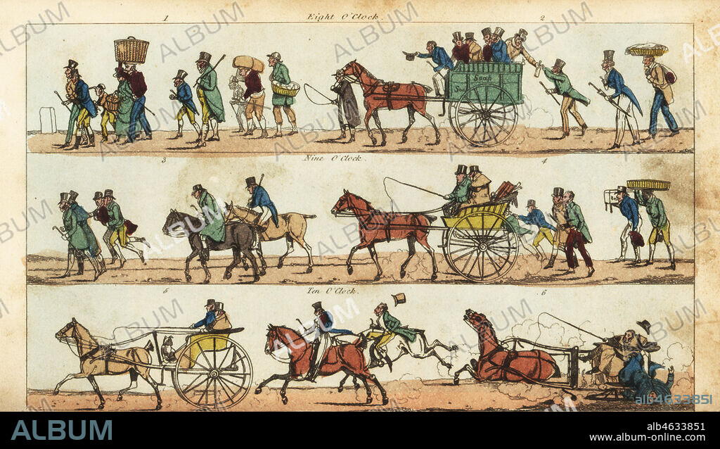 Regency dandies and gamblers traveling to a bare-knuckle boxing match. Fight between Jack Randall and Jack Martin near Copthorne. Road to a Fight Plate 1. Men of traffic 1, men of plunder 2, real lovers of the sport 3, Bill Gibbons and the binders 4, real fancys 5, queer fancy 6. Handcoloured copperplate engraving after an illustration by Henry Alken from Real Life in London, or, the Further Rambles and Adventures of Bob Tallyho, Esq. and His Cousin The Hon. Tom Dashall, through the Metropolis, Jones, London 1821. Anonymous imitation of Pierce Egans Life in London.
