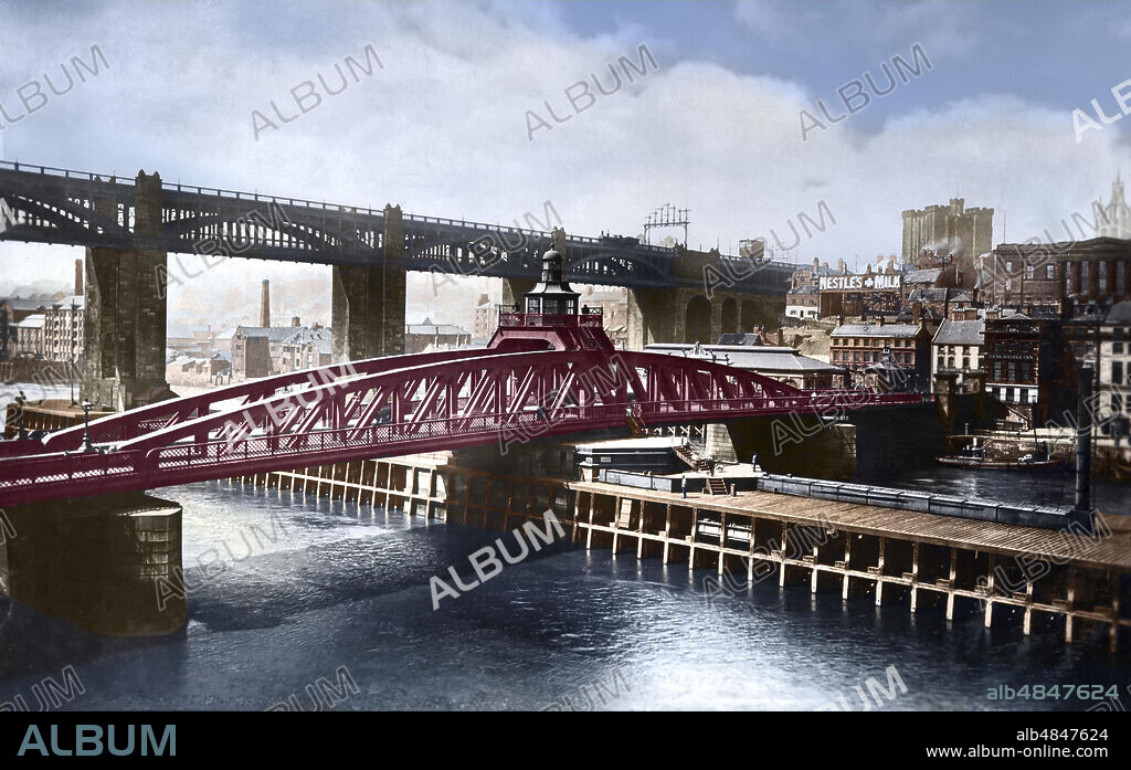 Postcard circa 1900, Victorian/Edwardian, social history Newcastle High Level and Swing Bridge over the River Tyne; Newcastle upon Tyne, Tyne and Wear, England.