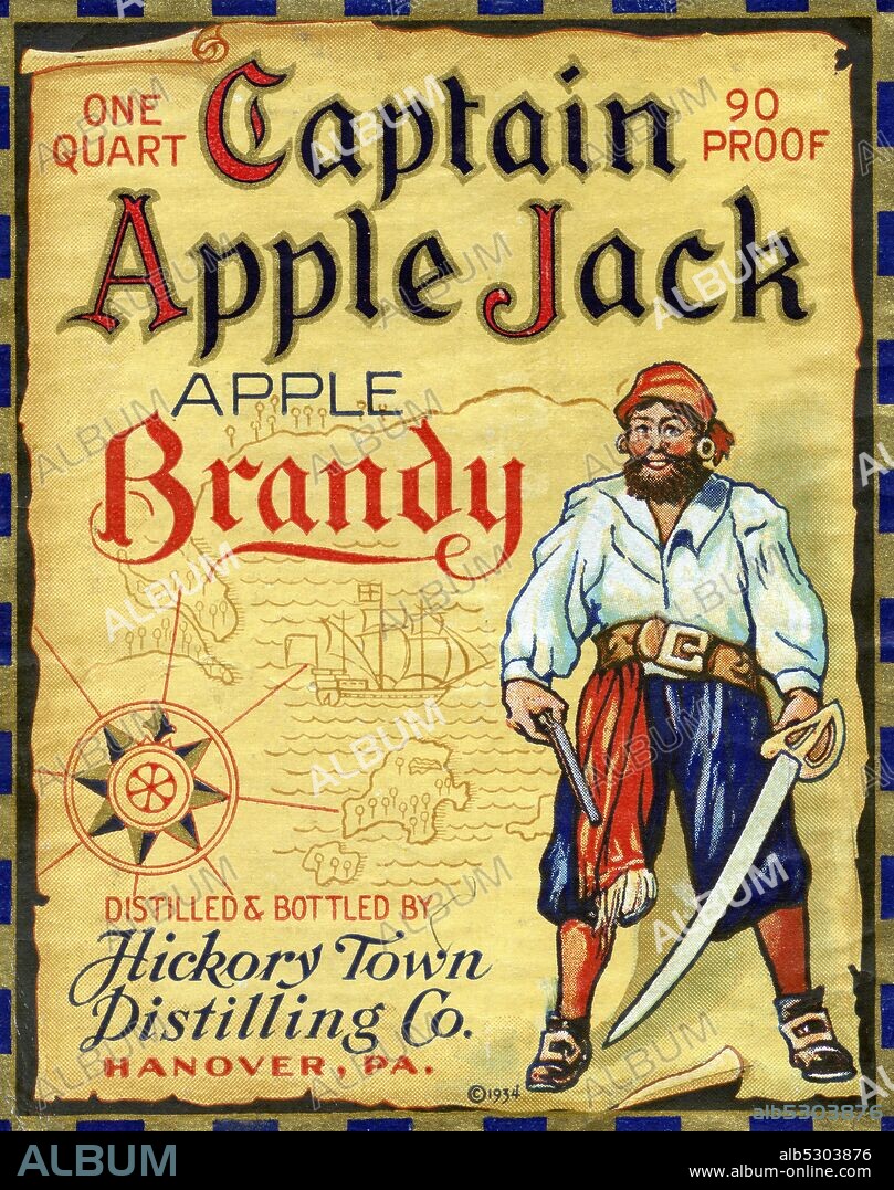 Bottle label for Captain Apple Jack Apple Brandy distilled by Hickory Town Distilling co. of Hannover, PA..