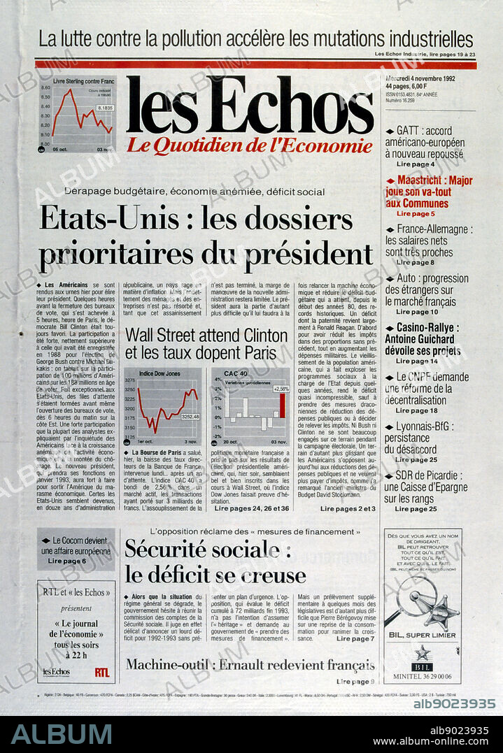 Headline in the French newspaper 'Les Echoes' concerning the economic priorities for the incoming US President after the United States Presidential Election November 1992. Incumbent President George Bush lost against Governor Bill Clinton.