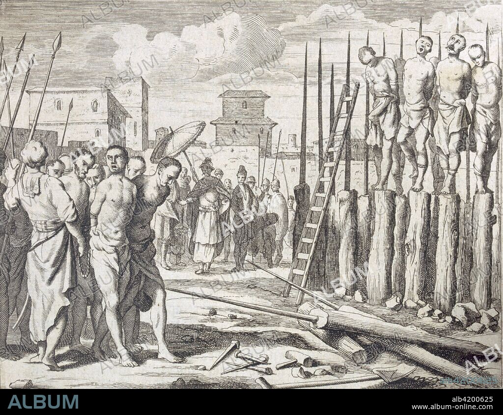 The Impaling of Some rebells?', Punishment: Massacre by impalement, from 'Beschreibung der Ost Indischen Kusten Malabar und Coromandel... als auch der Insel Zeylon...', pub. 1672 (engraving). A True and Exact Description of the most Celebrated East-India Coasts of Malabar and Coromandel and also of the Isle of Ceylon; Father Philippus Baldaeus (1632-1672) was a missionary and representative of the Dutch East India Company in Ceylon for 10 years.