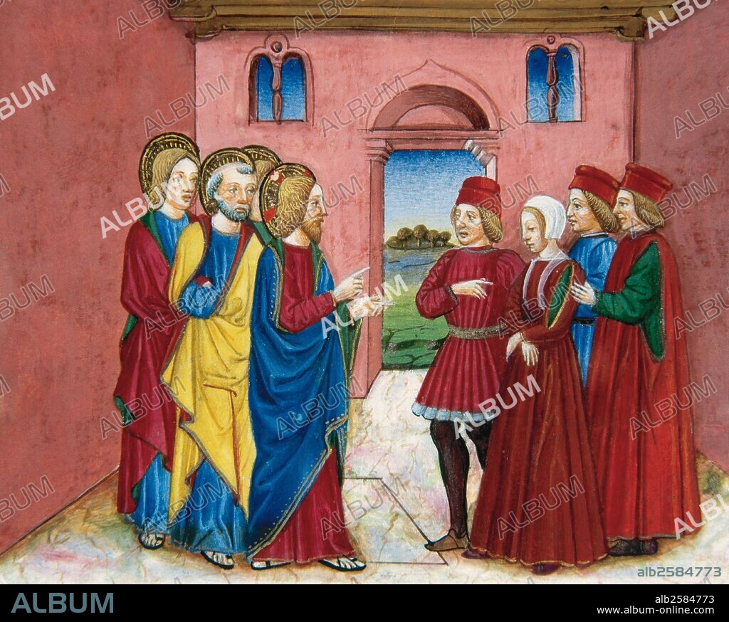 "LOS FARISEOS LLEVAN DELANTE DE JESUS A UNA MUJER SORPRENDIDA EN ADULTERIO". Página miniada del "CODICE DE PREDIS" (1476). Renacimiento-Quattrocento (siglo XV). Biblioteca Real. Turín. Italia.