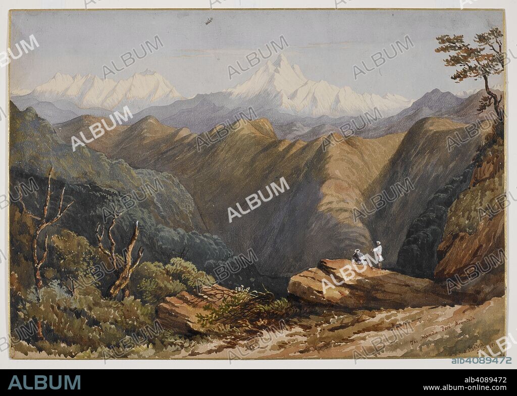 HENRY AMBROSE OLDFIELD. Mountain landscape with Nanda Devi in the background (Nepal). Oldfield Collection. December 1851. watercolour. Source: WD 2827.