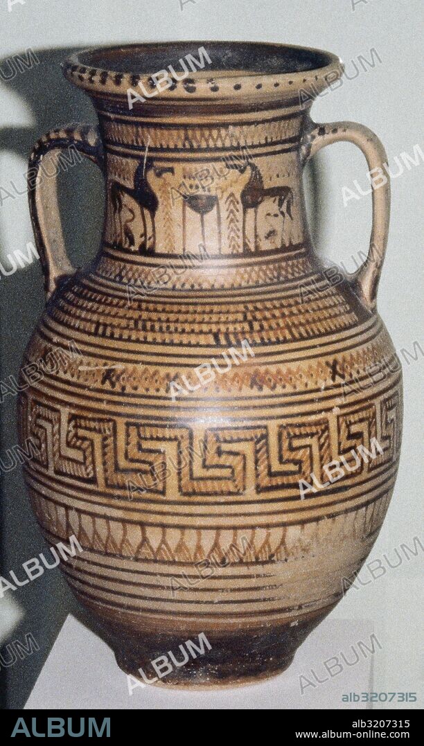 Amphora atica. Geometric period. Upper fringe decorated with horses. C. 8th century BC. National Archaeological Museum of Athens. Greece.