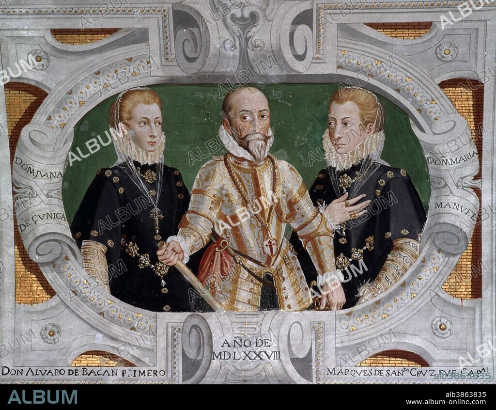 BAZAN, ALVARO DE . MILITAR ESPAÑOL . GRANADA 1526 - 1588. PRIMER MARQUES DE SANTA CRUZ. FRESCO SALA DE LINAJES DEL PALACIO DE SANTA CRUZ EN VISO DEL MARQUES , CIUDAD REAL CON SUS ESPOSAS JUANA DE ZUÑIGA Y MARIA MANUELA. SFGP / © KORPA.