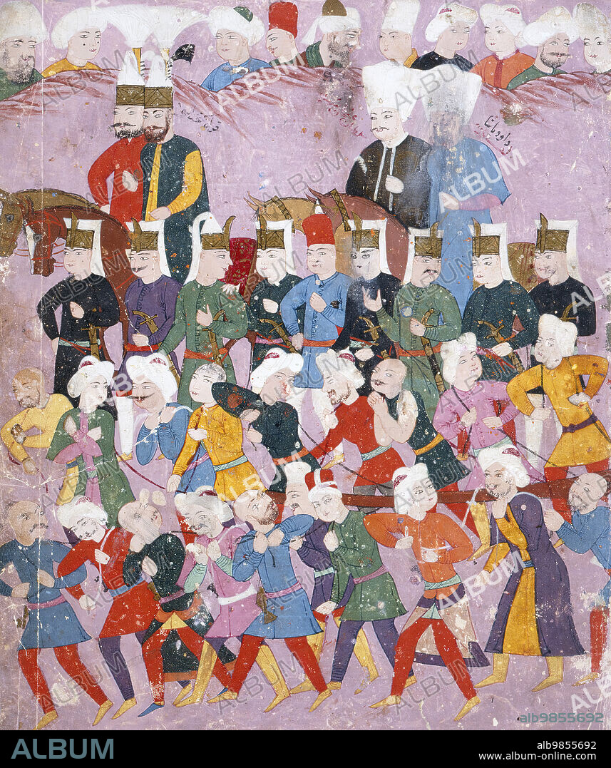 Sultan Osman II (reigned 1618-1622) with His Vizier Davud Pasha in a Procession of Janissaries and Guards, Left side of a double-page Manuscript illustration, c1620-22.