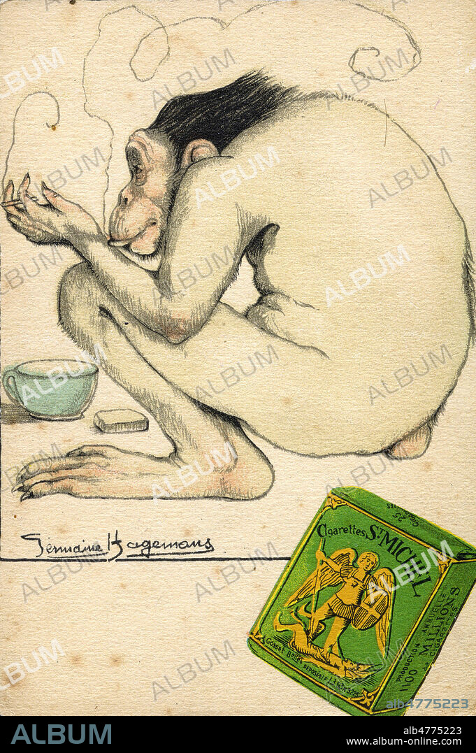 'Cigarettes St Michel' : singe fumant une cigarette. Carte postale publicitaire vers 1920. Illustration par Germaine HAGEMANS. Credit : Collection IM/KHARBINE-TAPABOR.