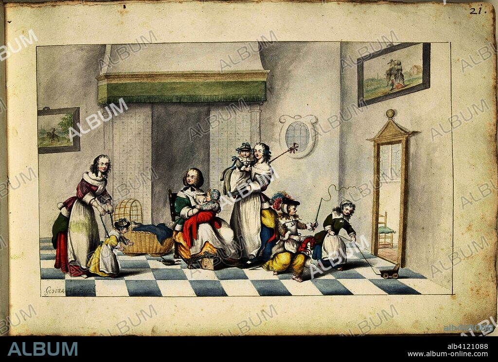Children's room with three women and children. Draughtsman: Gesina ter Borch (signed by artist). Dating: c. 1660 - c. 1661. Place: Zwolle. Measurements: h 243 mm × w 360 mm.