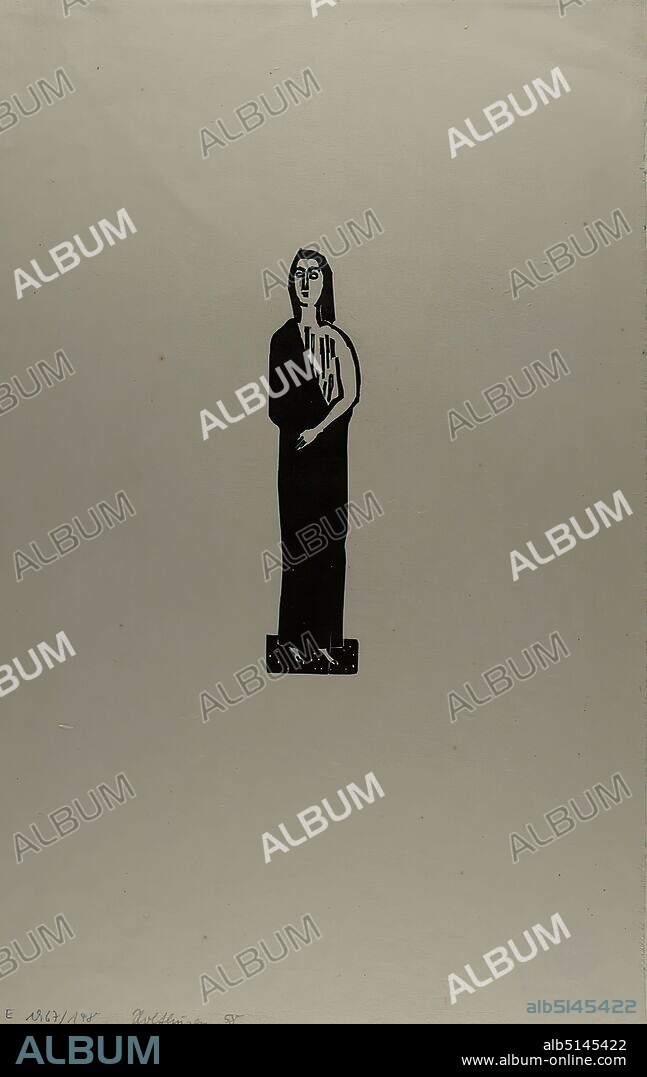 Gustav Heinrich Wolff, black dressed woman, Japan paper, woodcut, woodblock on Japan paper, image size: height: 21,9 cm; width: 4,7 cm, estate stamp GUSTAV H. WOLFF NACHLASS on verso, printmaking,printing, Free Graphic (printmaking,printing), Standing Figure, Woman, Classic Modernism, Woman Dressed in Black (1924), Holthusen Graphic No. 58. This woodblock print is a later print from the woodblocks that Max Sauerlandt rescued from Wolff's Berlin studio in 1933.