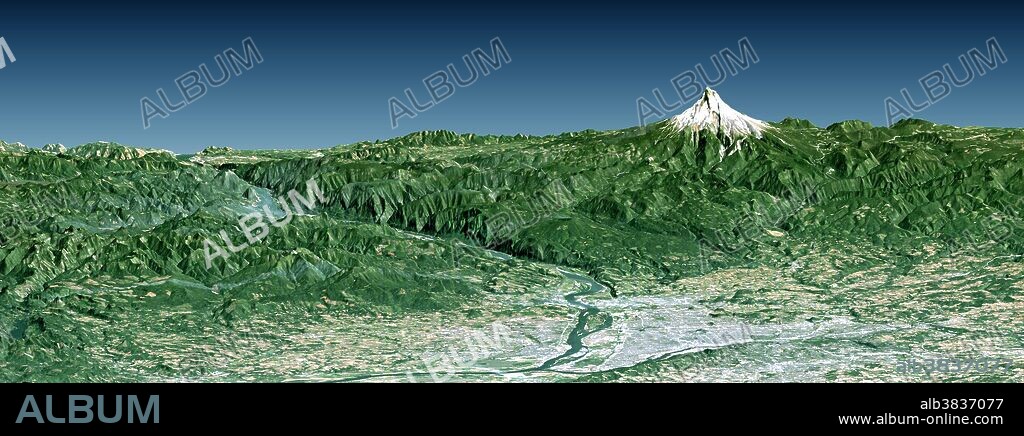 Portland, the largest city in Oregon, is located on the Columbia River at the northern end of the Willamette Valley. On clear days, Mount Hood highlights the Cascade Mountains backdrop to the east. The Columbia is the largest river in the American Northwest and is navigable up to and well beyond Portland. It is also the only river to fully cross the Cascade Range, and has carved the Columbia River Gorge, which is seen in the left-central part of this view. A series of dams along the river, at topographically favorable sites, provide substantial hydroelectric power to the region.....This perspective view was generated using topographic data from the Shuttle Radar Topography Mission (SRTM), a Landsat satellite image, and a false sky. Topographic expression is vertically exaggerated two times.....Landsat has been providing visible and infrared views of the Earth since 1972. SRTM elevation data substantially help in analyzing Landsat images by revealing the third dimension of Earth's surface, topographic height. The Landsat archive is managed by the U.S. Geological Survey's Eros Data Center (USGS EDC).....Elevation data used in this image were acquired by the Shuttle Radar Topography Mission (SRTM) aboard the Space Shuttle Endeavour, launched on February 11, 2000.