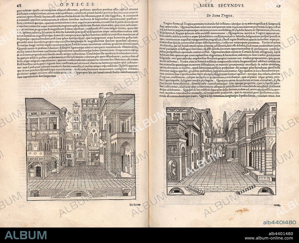 Comic Scene; Of Tragic Scene, Scenes with central perspective from the 16th century, Fig. 1 & 2, p. 68 & 69, 1569, Sebastiano Serlio, Giovanni Carlo Saraceni: Sebastiani Serlii Bononiensis De architectura libri quinque, quibus cuncta fere architectonicae facultatis mysteria docte, perspicue, uberrimeque explicantur: Necnon extraordinarius quinquaginta portarum libellus in operis calce adiunctus hic demum conspicitur.