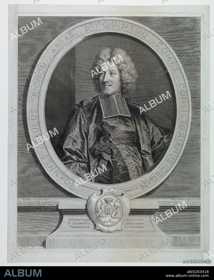 Portrait of Jean Paul Bignon, Abbé of St. Quentin, Pierre Drevet, 1663 - 1738, Hyacinthe Rigaud, French, 1659 - 1743, Engraving on paper, Half-length portrait of a man, facing the spectator, the head turned toward the left. Enclosed in an oval frame, on a pedestal. Arms below in a cartouche. Title in frame. At lower left: 'Hycinthus Rigaud pinxit'; at lower right: 'Petr. Drevet Sculptsit.', Paris, France, 1707, Print, Print.