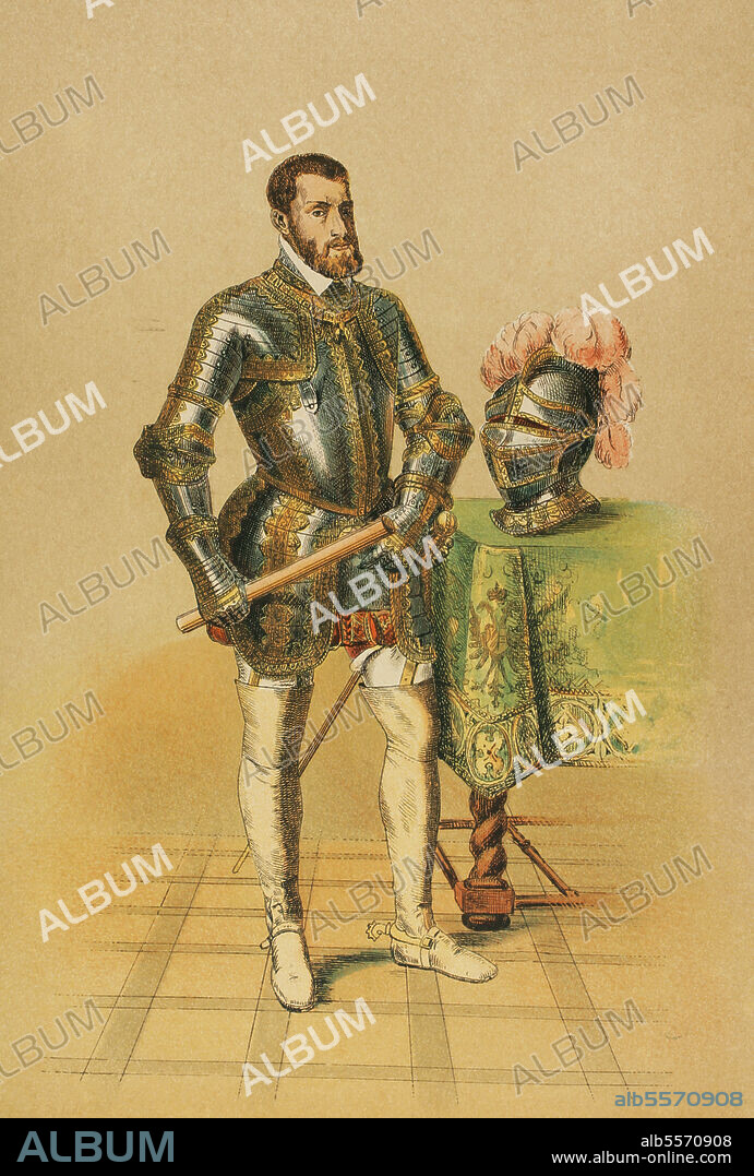 Charles V (1500-1558). Holy Roman Emperor and Archduke of Austria (1519-1556), king of Spain (1516-1556) and Lord of the Netherlands as titular Duke of Burgundy (1506-1555). Portrait. Chromolithography. "Historia Universal" (Universal History), by César Cantú. Volume VII. Published in Barcelona, 1886.