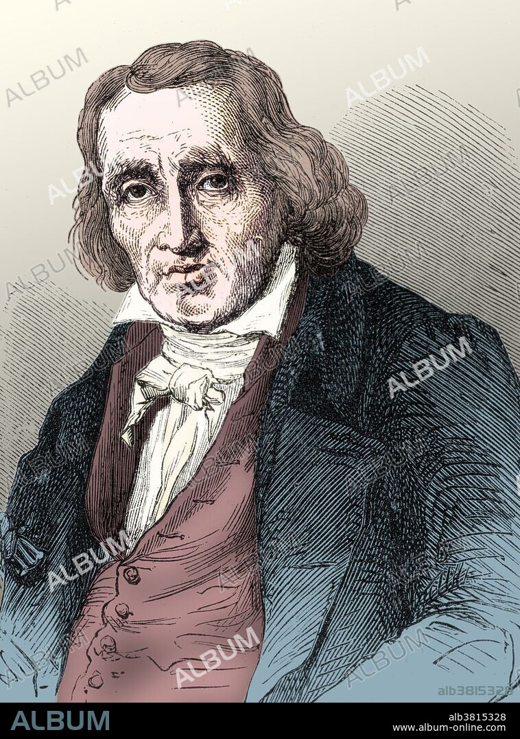Joseph-Marie Charles Jacquard (July 7, 1752 - August 7, 1834) was a French weaver and merchant. He played an important role in the development of the earliest programmable loom, which in turn played a role in the development of other programmable machines, such as computers. In 1801, he exhibited his Jacquard loom at the industrial exhibition in Paris. His invention was opposed by the silk-weavers, who feared that owing to the saving of labor, would deprive them of their livelihood. Its advantages secured its general adoption, and by 1812 there were 11,000 Jacquard looms in use in France. The Jacquard Loom is a mechanical loom that has holes punched in pasteboard, each row of which corresponds to one row of the design. Multiple rows of holes are punched on each card and the many cards that compose the design of the textile are strung together in order. He died in 1834 at the age of 82. This image has been color-enhanced.