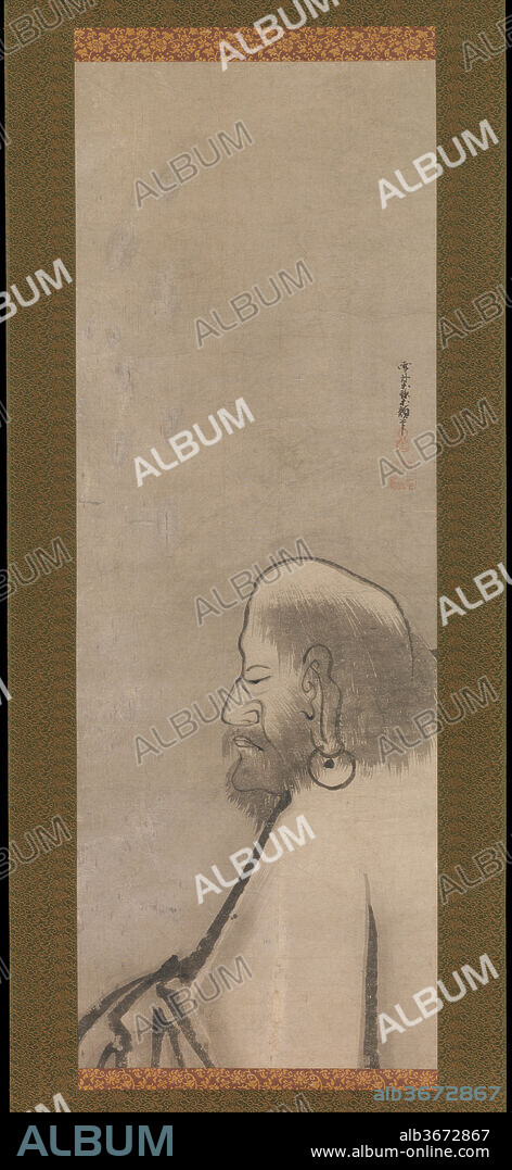 Portrait of Daruma. Artist: Unkoku Togan (Japanese, 1547-1618). Culture: Japan. Dimensions: Image: 39 1/2 x 14 1/8 in. (100.3 x 35.9 cm). Date: early 17th century.
Daruma (the Japanese abbreviated pronunciation of the Sanskrit Bodhidharma) was among the most common subjects for Zen monk-painters.  Born in India in the 6th century A.D., Daruma is recognized as the first patriarch of Chan (Japanese: Zen) Buddhism in China. 
Unkoku Togan's portrait of Daruma is presented in full profile--a somewhat uncommon rendering, though precedents exist in surviving works attributed to Sesshu and his celebrated Chinese predecessor Muqi (active until 1279). Usually the Buddhist saint is presented in three-quarters profile, or in a full-frontal view. Since Daruma came from India, he is inevitably rendered as South Asian, hirsute, and with a bulging nose. Here the outline of his cranium, from the back of the neck to the curve of the nostril, is skillfully rendered in a single modulated stroke--a trademark of many later ink renditions of the monk by other artists. The facial expression is captured with the utmost economy of brush strokes.  The elongated earlobes and earring serve as a signal of a connection to the historic Buddha, who was born into a royal family, and thus wore jewelry. The outlines of the robes are rendered in boldly brushed, almost calligraphic lines. The figure of the master is left mostly in reserve except for the grey lines of his shaggy hair and beard, silhouetted against the surrounding in gray wash that creates an amorphous blank space--not darkness, not bright sky--just nothing.
Togan was an artist trained in the Kano atelier who positioned himself as an heir to the legacy of Chinese ink painting in the style of Toyo Sesshu (1420-1506). Born into a wealthy samurai family in Nagasaki, Togan eventually moved to Yamaguchi to serve as an official painter for the daimyo Mori Terumoto.  While based in Yamaguchi, Togan was allowed live in the temple building Unkoku'an, "Hermitage in the Valley of Clouds," once occupied by Sesshu. By taking Buddhist vows himself and immersing himself in the study of Sesshu, Togan created numerous Zen-inspired works.