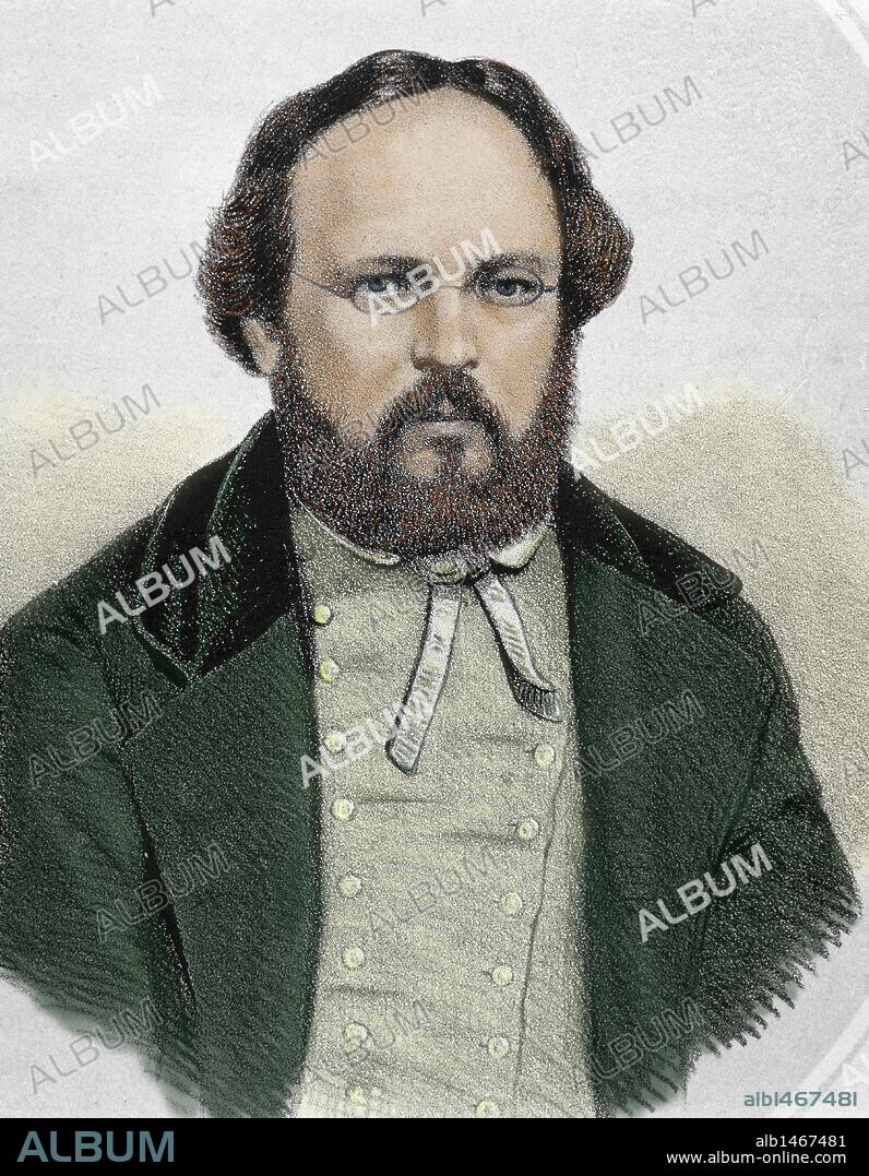 PROUDHON, Pierre Joseph (Besanzón, 1809-París, 1865). Pensador social y socialista francés, hijo de una familia de origen campesino y artesano. Fue adversario de Marx; desarrolló las ideas socialistas a partir del pensamiento francés y la filosofía del siglo de las luces. Maestro de Pi i Margall y defensor del mutualismo. Autor prolífico y denso. Grabado coloreado.