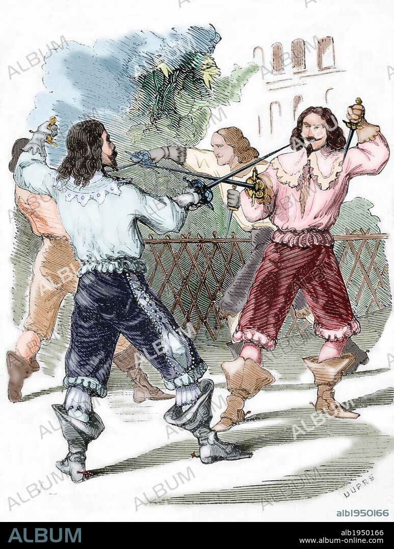 SOCIEDAD SIGLO XVIII. DUELO A ESPADAS para reparar la ofensa personal ("LANCES DE HONOR"). Grabado coloreado.