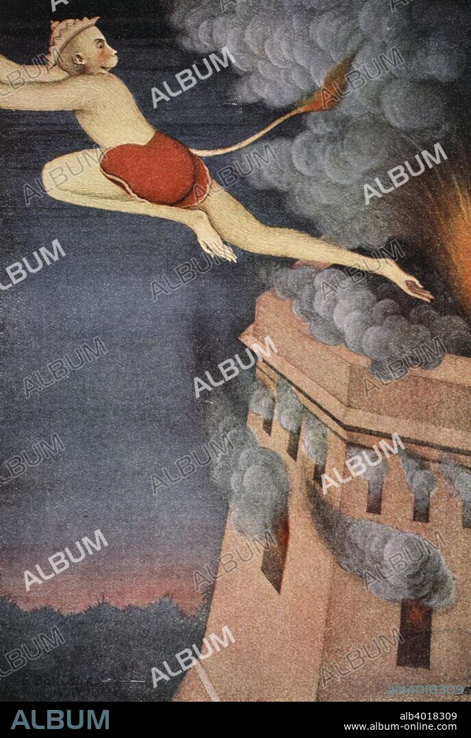 Burning of Lanka, 1913. Hanuman burns the island of Lanka with his tail after it was set on fire by the Lankan demon-king Ravana. Illustration from Myths of the Hindus and Buddhists by Sister Nivedita and Ananda Coomaraswamy, 1st edition, 1913. From a private collection.