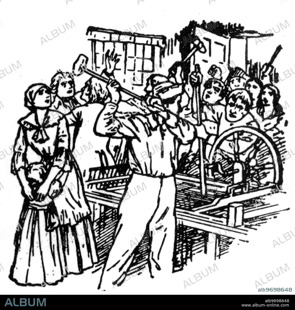 Luddites fearing unemployment destroy machinery. c.1811.