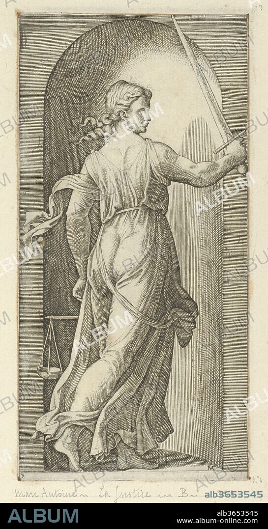 Justice personified by a young woman holding a sword in her raised right hand, scales in her left, from 'The Virtues'. Artist: Marcantonio Raimondi (Italian, Argini (?) ca. 1480-before 1534 Bologna (?)); Possibly after Raphael (Raffaello Sanzio or Santi) (Italian, Urbino 1483-1520 Rome). Dimensions: 8 7/16 x 4 1/4 in.  (21.4 x 10.8 cm). Date: ca. 1515-25.