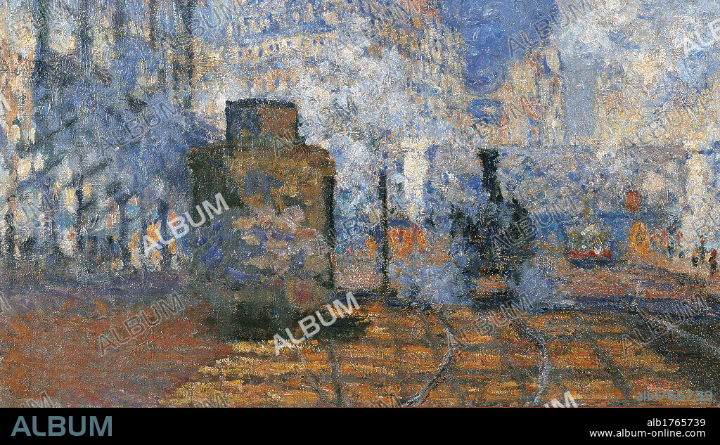 Saint Lazare Station, by Claude Monet, 1877, 19th Century, oil on canvas, cm 75,5 x 104. France, Ile de France, Paris, Muse dOrsay, RF 2775. All. The Saint Lazare station train smoke azure light blue grey track.