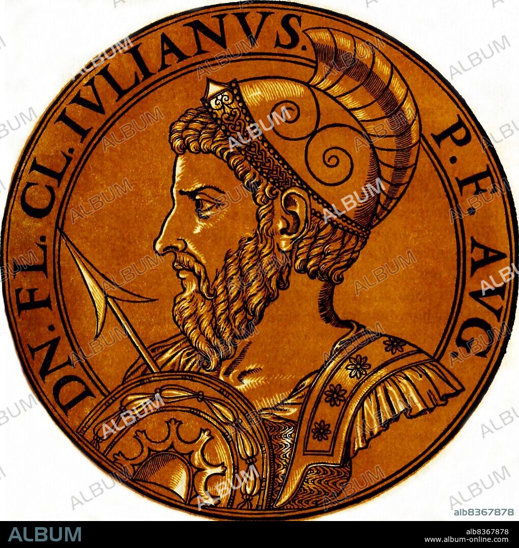Italy: Julian the Apostate (331-363), 63rd Roman emperor, from the book <i>Icones imperatorvm romanorvm</i> (Icons of Roman Emperors), Antwerp, c. 1645. Julian was a member of the Constantinian Dynasty and cousin to Emperor Constantius II. Emperor Constantius II made him Caesar of the western provinces in 355 while he was busy fighting the Sassanid Empire in the east, entrusting Julian against the Alamanni and Franks. Julian was proclaimed emperor by his soldiers in 360.