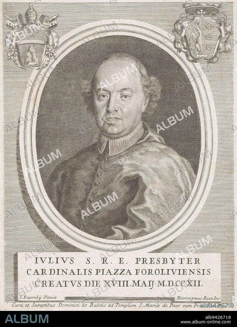 Portrait of Cardinal Giulio Piazza, print maker: Girolamo Rossi (II), (mentioned on object), after: Jan Kupecký, (mentioned on object), publisher: Domenico de'Rossi, (mentioned on object), print maker: Rome, publisher: Rome, Vaticaanstad, 1712 - 1762, paper, engraving, h 213 mm - w 164 mm.