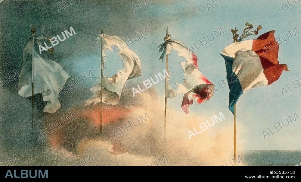Julirevolution in Frankreich, 27.-29. Juli 1830. Erhebung von Bürgertum, Arbeiterschaft gegen die Bourbonen. - "Juillet 1830. Aux tenebres enfin succede la clarte (...) ". (Die Tricolore als Symbol des Sieges der Revolutionäre über das Lilienbanner der Bourbonen.) - Lithographie, zeitgenöss., koloriert, nach Zeichnung von Leon Cogniet, um 1830.