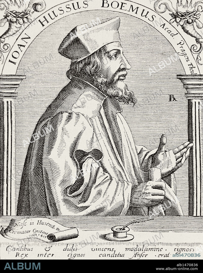 Jan Hus (1369-1415).  Czech priest, philosopher, reformer, and master at Charles University in Prague. Excommunicated in 1410 to propagate the doctrines of Wycliffe. Under the protection of King Wenceslas and safe conduct of the Emperor Sigismund, in 1414 attended the Council of Constance, where he was tried and burned for heresy. This triggered the Hussite uprising (1419-1434), history of religious wars. Engraving.