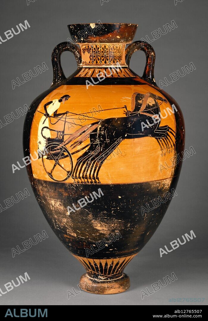 KLEOPHRADES PAINTER. Attic Panathenaic Amphora, 500-480 BC. Prize Vessel with a Chariot Race.   Additional Info: The Greater Panathenaia, a state religious festival, honored Athena, the patron goddess of Athens. Held every four years, the festival included athletic and musical competitions, and amphorae filled with oil from Athena’s sacred olive trees were given as prizes in the Panathenaic Games. These Panathenaic Amphorae had a distinctive form with narrow necks and feet, and received standard decoration, always in the black-figure technique. On the front, Athena in her guise as "Promachos" - in the frontline of battle - strides forth between columns. Running along one of the columns is the official inscription, "of the prizes from Athens." The back depicts the event for which the vase was a prize, in this case the four-horse-chariot race, one of the most prestigious events in the games.
