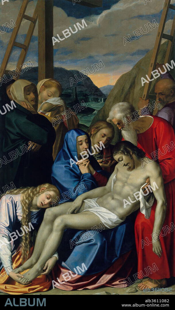 The Lamentation. Artist: Scipione Pulzone (Il Gaetano) (Italian, Gaeta, active by 1569-died 1598 Rome). Dimensions: 114 x 68 in. (289.6 x 172.7 cm). Date: 1593.
This altarpiece was painted for the chapel of the Passion of Christ in the church of the Gesù, in Rome, the headquarters of the Jesuit order. Its style was intended to complement the austere interior space of the church. Pulzone's canvas is conceived not as a narrative but as a meditation on the Entombment of Christ, in line with Ignatius Loyola's <i>Spiritual Exercises</i>. Details such as the tears of the Virgin, the crown of thorns held by Saint John, and the pallor of Christ's body are presented to the viewer for contemplation. Pulzone's brand of realism made him an important exponent of Counter Reformation art.