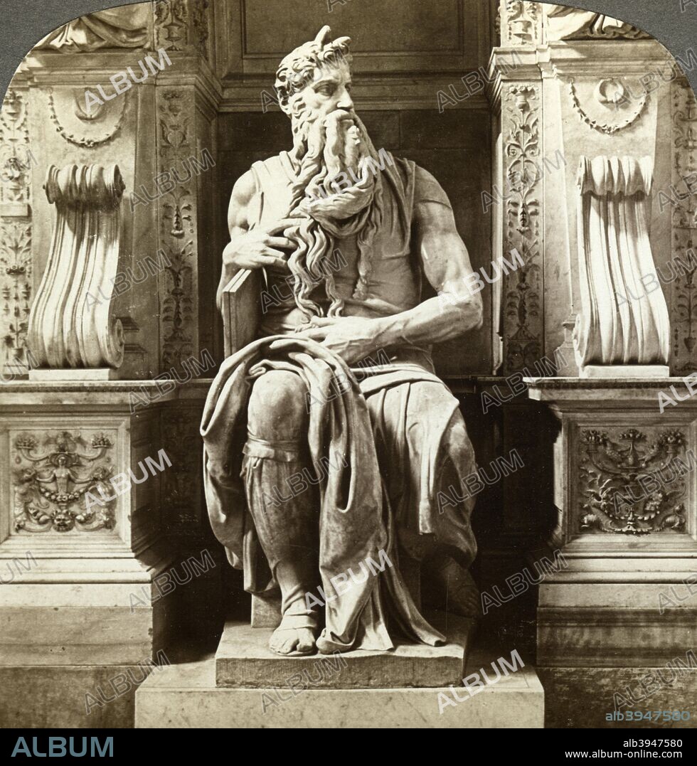 Michelangelo's statue of Moses, Church of San Pietro in Vincoli, Rome, Italy. This statue was intended to be the central feature of the tomb of Pope Julius II, which Michelangelo was commissioned to build in 1505. The tomb was supposed to be in the Cappella Maggiore in St Peter's Basilica, but it was never completed to Michelangelo's satisfaction and was moved to the Church of San Pietro in Vincoli. Stereoscopic card detail.