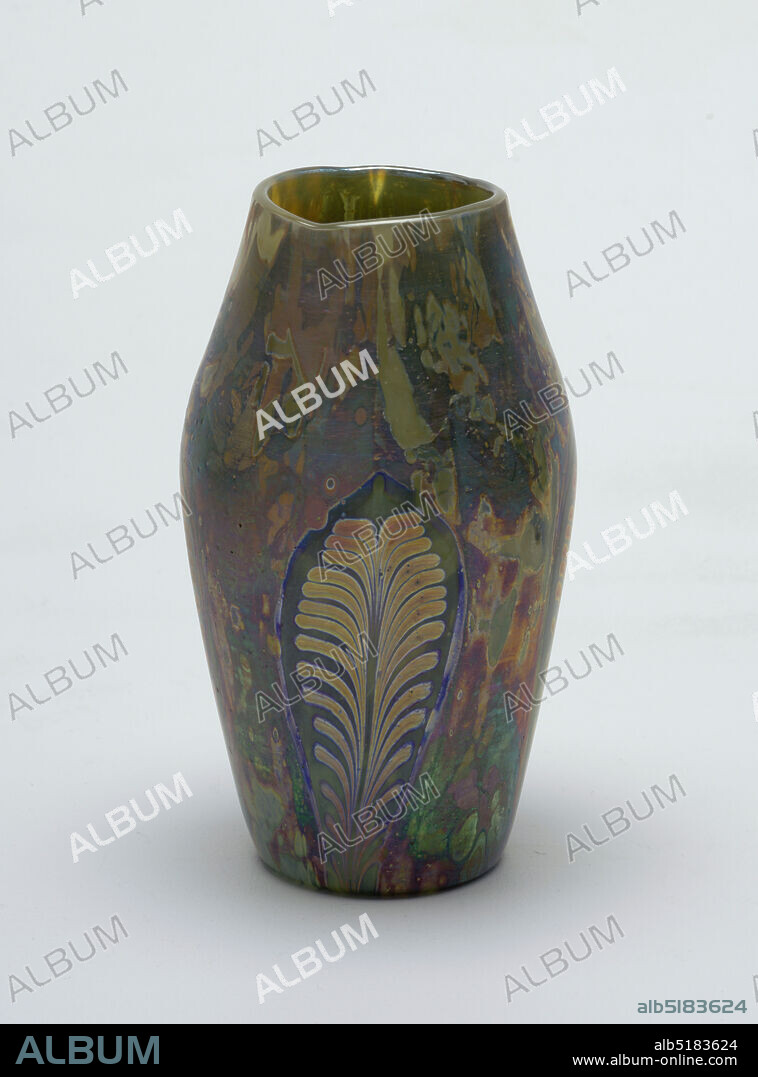 Cypriote, Tiffany & Company, American, established 1853, Blown glass, Blown 'Cypriote' ware vase with curved shoulder. Neck tapered inward toward plain rim. Lustred in overall mottled iridescent pattern, with four oval reserve panels with lustre applied to suggest upright feather motif., New York, New York, USA, ca. 1916, glasswares, Decorative Arts, Vase, Vase.