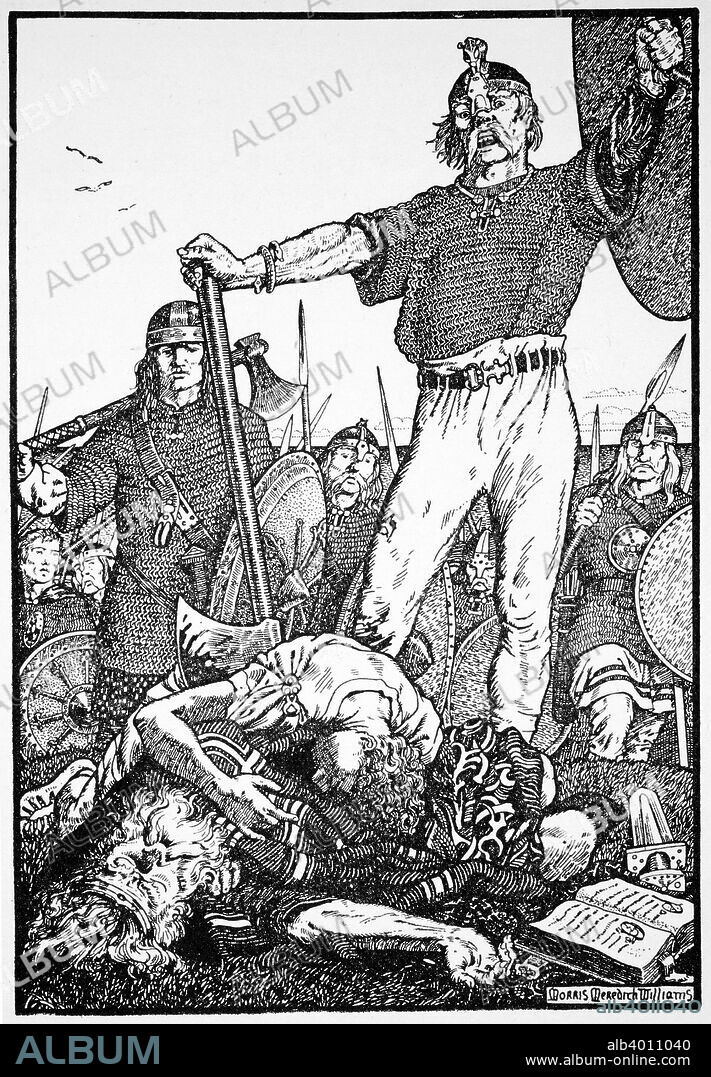 Death of Brian Boru at the Battle of Clontarf, Ireland, 1014 (1913). Brian Boru (c941-1014) was King of Munster from 978 and High King of Ireland from 1002. He was killed at Clontarf fighting the army of the King of Leinster and the Vikings of Dublin. Illustration from The Northmen in Britain by Eleanor Means Hull, published 1913.