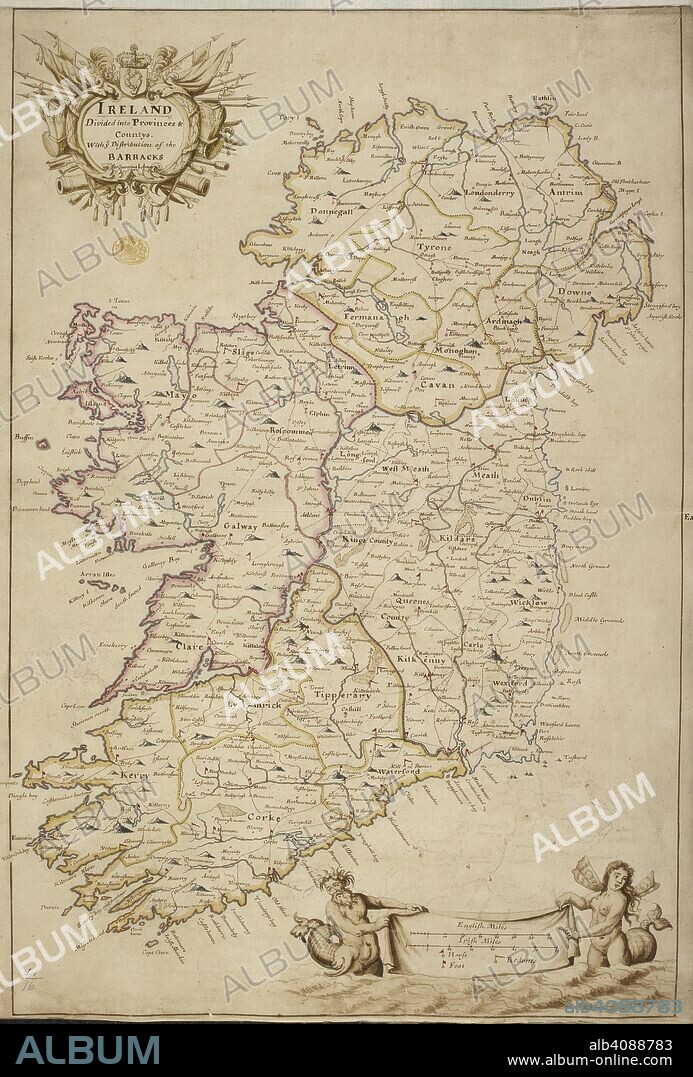 A map of Ireland divided into provinces and counties. A colored map of Ireland "divided into provinces and countys, with the distribution of the barracks for quartering the army". ca. 1700. Source: Maps K.Top.51.16. Language: English.