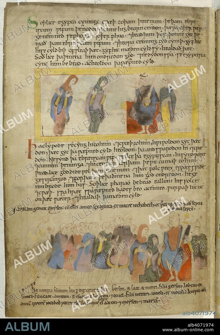 Pharaoh and the Hebrew Midwives. Old English Illustrated Hexateuch. England [Canterbury]; second quarter of 11th centu. (Whole folio) Exodus 1, 15-21 Upper drawing; The king of Egypt orders the Hebrew midwives to kill the male babies. Below; the king rebukes the midwives for their disobedience; left, the houses of the Hebrews multiply  Image taken from Old English Illustrated Hexateuch.  Originally published/produced in England [Canterbury]; second quarter of 11th century. . Source: Cotton Claudius B. IV, f.73v. Language: Anglo-Saxon.
