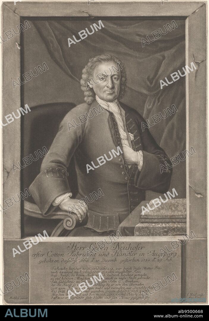 Portrait of Georg Neuhofer, Johann Jacob Haid, after Mannlich, 1735 - 1767, With poem of praise in German., print maker: Johann Jacob Haid, (mentioned on object), after: Mannlich, (mentioned on object), Augsburg, 1735 - 1767, paper, h 383 mm × w 259 mm.