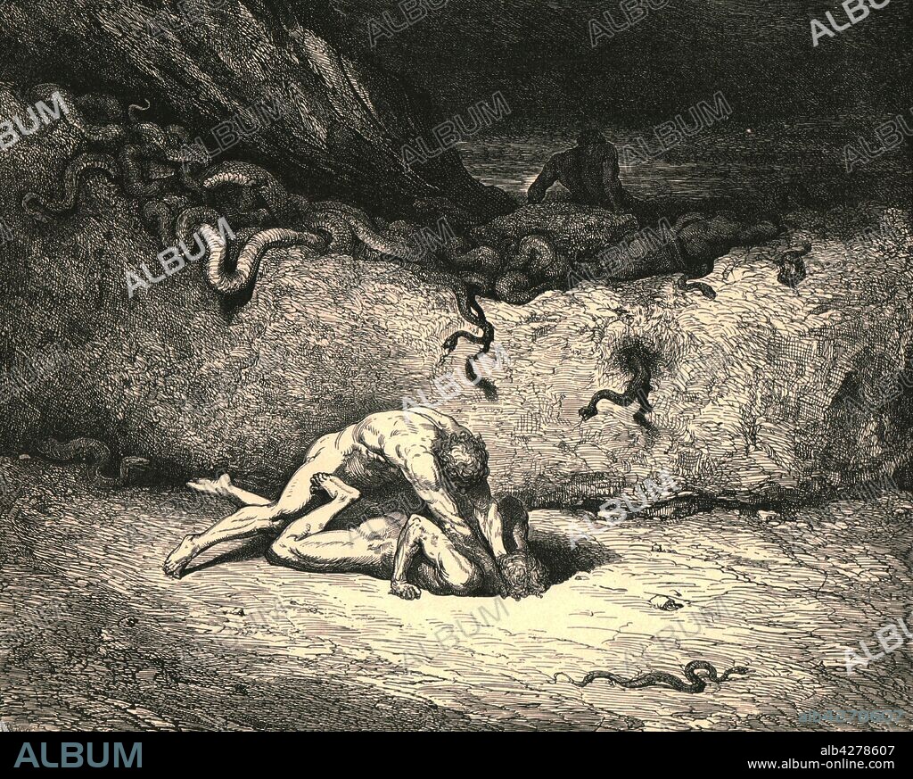 PAUL GUSTAVE DORÉ. 'That sprite of air is Schicchi; in like mood of random mischief vents he still his spite', c1890. The alchemist Capocchio is attacked by Gianni Schicchi de' Cavalcanti, who impersonated the dead Buoso Donati to claim his inheritance. They are punished for being imposters. Illustration from "The Vision of Hell" (Inferno), the first part of "The Divine Comedy" (La divina commedia) by Dante Alighieri. This long, narrative poem, written in Italian c1308-1321, tracing Dante's imaginary journey from Hell, through Purgatory and finally to Heaven and a beatific vision of God, has been published numerous times. This edition, published late 19th century, is illustrated by Gustave Dore. [Cassell Petter & Galpin, c1890].