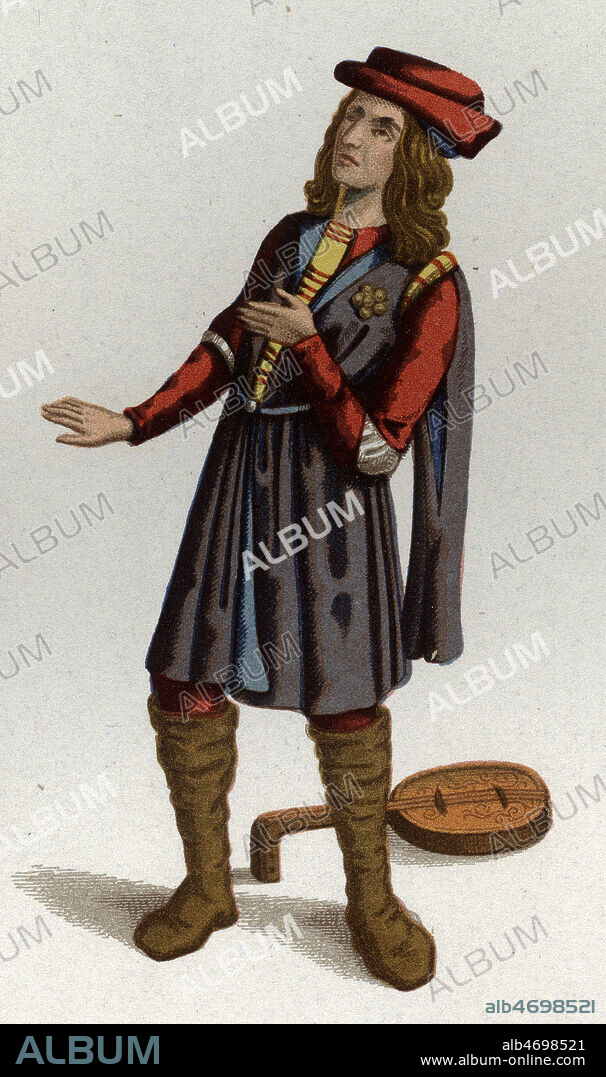 Menestrel. Illustration par Sere tiree de l'ouvrage 'Les Arts Somptuaires' tome 2 publie en 1858. Fac-similed'une miniature medievale tiree d'une Danse Macabre, manuscrit fin 15eme siecle (XVeme, Xve, 15e s.) Credit : Collection KHARBINE-TAPABOR.