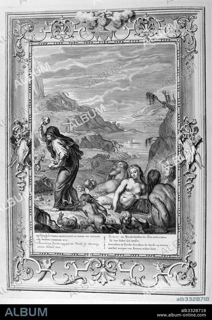 Deucalion survives the deluge with his wife, Pyrrha. Engraved illustration from 'The Temple of the Muses', 1733. This book represented remarkable events of antiquity drawn and engraved by Bernard Picart (1673-1733). In Greek mythology, Deucalion the son of Prometheus, is closely connected with the Flood myth, according to which, the anger of Zeus was ignited by the hubris of the Pelasgians.